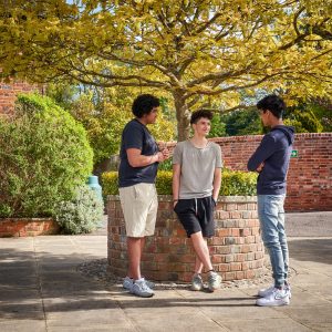 boys having a conversation under a tree